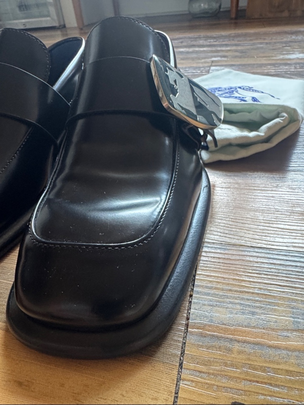 Women’s Burberry Black Leather Dress Loafers with Decorative Buckle - Picture 2 of 6
